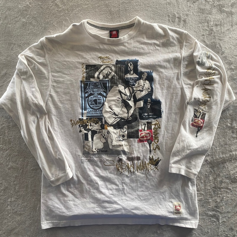 Ecko Unltd Mens White Long Sleeve Graphic T-Shirt Hip Hop Battlefest Large